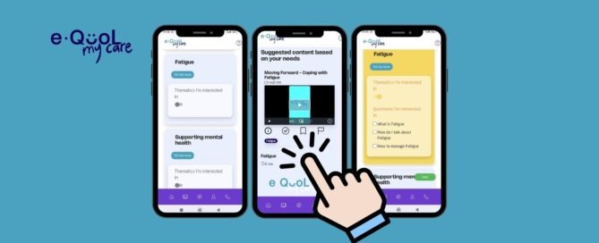 Screenshots of the e-QuoL myCare app on three mobile devices with a hand icon selecting an option.