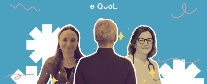eQuol project graphic on a blue background showing a person from behind in the center, flanked by portraits of Charlotte Demoor-Goldsmichdt and Jelena Roganovic. The image is decorated with yellow stars and abstract shapes