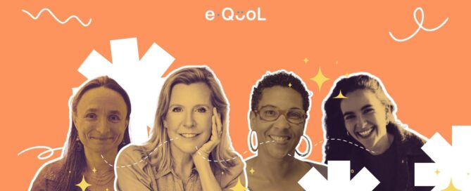 eQuol project graphic on an orange background showing Delphine Remy, flanked by portraits of Charlotte Demoor-Goldsmichdt, Delphine Noel and Louise Hinckel. The image is decorated with yellow stars and abstract shapes