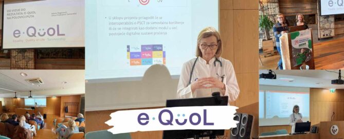 Different images of Dr. Jelena Roganovic presenting the Horizon projects e-QuoL and PanCare4AYA at the Children’s Hospital Zagreb, and of Dr. Jelena Roganovic and Jelica Predojevic Samardzic leading a workshop titled "From Vision to First Results: e-QuoL at Midterm", which brought together approximately 30 pediatricians at Jahorina, Republic of Srpska.