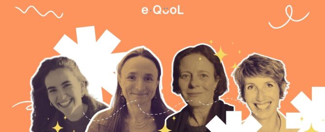 eQuol project graphic on an orange background showing Sabine Heinrich flanked by Louise Hinckel, Charlotte Demoor-Goldschmidt and Amandine Bertrand. The image is decorated with yellow stars and abstract shapes.
