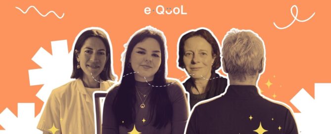 eQuol project graphic on an orange background showing Sabine Heinrich and Amelia Deane flanked by Dr Marianna Deparis and a person from behind. The image is decorated with yellow stars and abstract shapes.