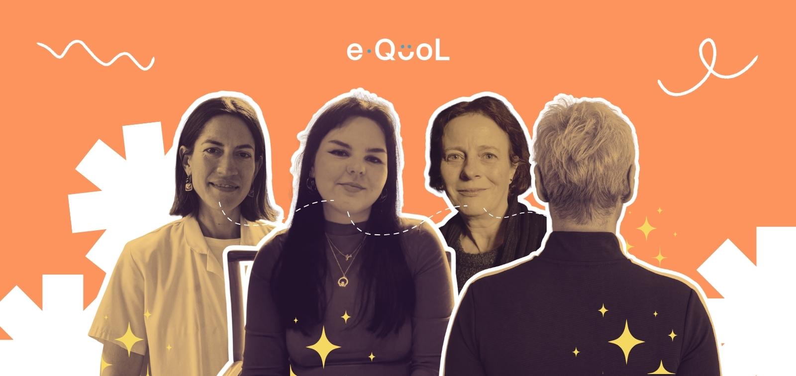 eQuol project graphic on an orange background showing Sabine Heinrich and Amelia Deane flanked by Dr Marianna Deparis and a person from behind. The image is decorated with yellow stars and abstract shapes.
