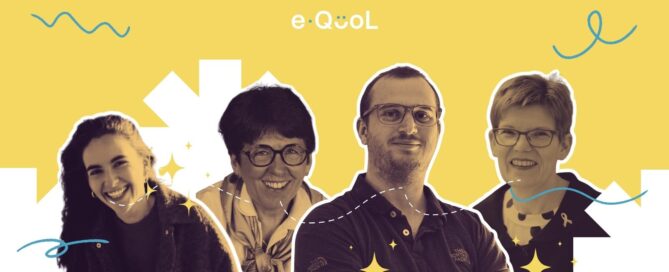 eQuol project graphic on a yellow background showing Arthur Kayser flanked by portraits of Louise Hinckel, Claire Berger and Päivi Lähteenmäki. The image is decorated with yellow stars and abstract shapes.