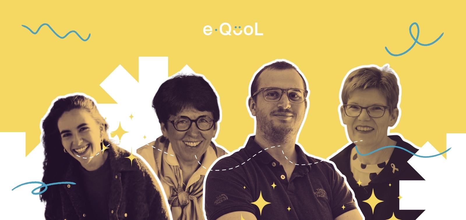 eQuol project graphic on a yellow background showing Arthur Kayser flanked by portraits of Louise Hinckel, Claire Berger and Päivi Lähteenmäki. The image is decorated with yellow stars and abstract shapes.