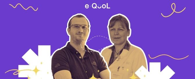 eQuol project graphic on a violet background showing Arthur Kayser and Lorna Zadravec. The image is decorated with yellow stars and abstract shapes