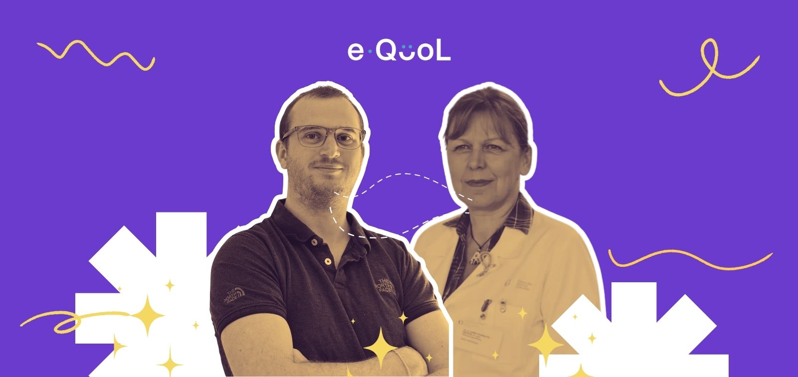 eQuol project graphic on a violet background showing Arthur Kayser and Lorna Zadravec. The image is decorated with yellow stars and abstract shapes