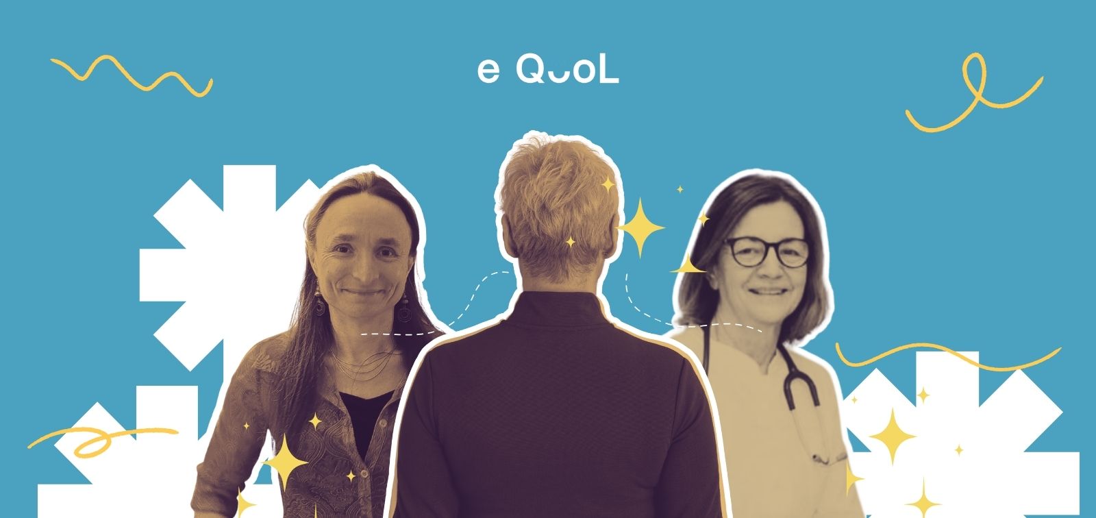 eQuol project graphic on a blue background showing a person from behind in the center, flanked by portraits of Charlotte Demoor-Goldsmichdt and Jelena Roganovic. The image is decorated with yellow stars and abstract shapes