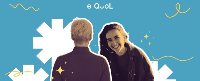 eQuol project graphic on a pink background showing a person from behind in the center, flanked by the portrait of Jelena Roganovic. The image is decorated with yellow stars and abstract shapes