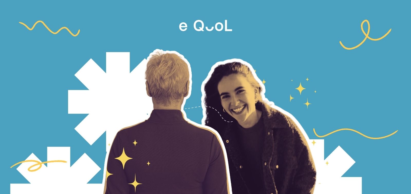 eQuol project graphic on a pink background showing a person from behind in the center, flanked by the portrait of Jelena Roganovic. The image is decorated with yellow stars and abstract shapes