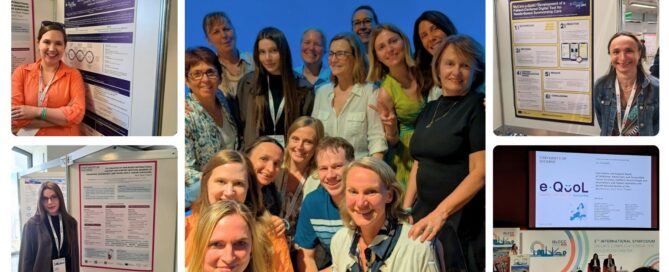 Collage from ISLCCC 2026 showing the e-QuoL team at the Acquario di Genova, Anne Maas delivering her oral presentation, and Charlotte Demoor, Kristen Thompson, and Valeriia Balaeva presenting their posters.