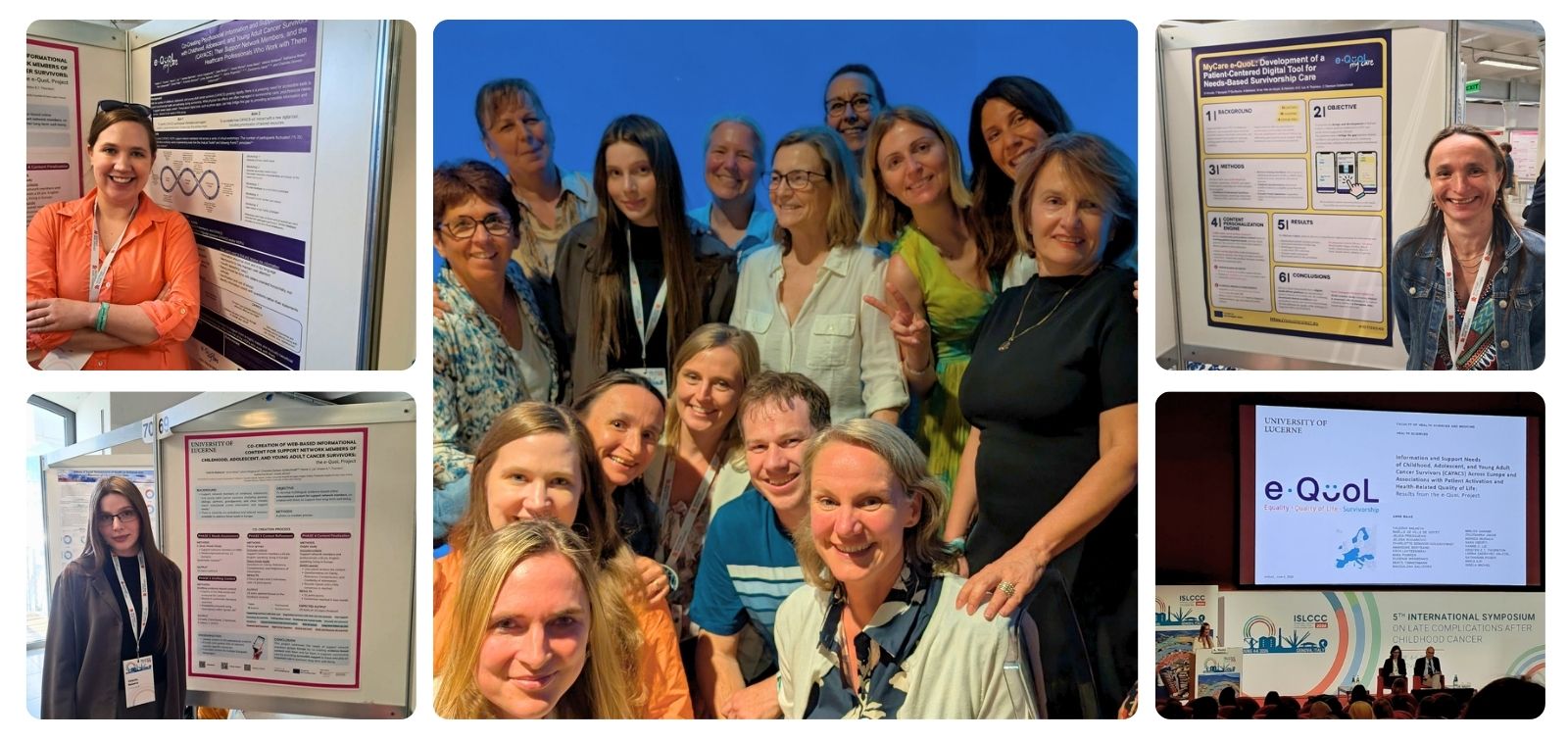 Collage from ISLCCC 2026 showing the e-QuoL team at the Acquario di Genova, Anne Maas delivering her oral presentation, and Charlotte Demoor, Kristen Thompson, and Valeriia Balaeva presenting their posters.