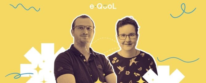 eQuol project graphic on a yellow background showing Arthur Kayser flanked by Eva Maria Tinner. The image is decorated with yellow stars and abstract shapes.