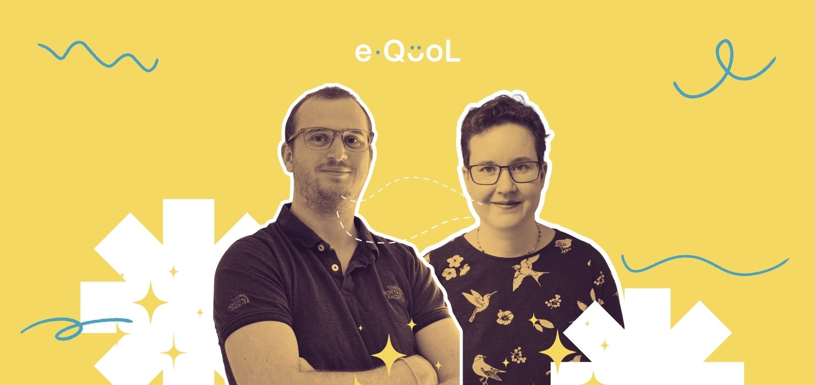 eQuol project graphic on a yellow background showing Arthur Kayser flanked by Eva Maria Tinner. The image is decorated with yellow stars and abstract shapes.