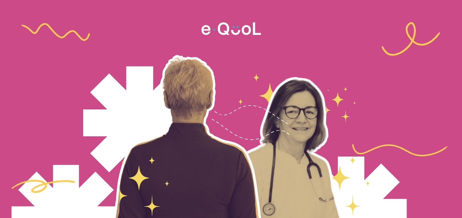 eQuol project graphic on a pink background showing a person from behind in the center, flanked by the portrait of Jelena Roganovic. The image is decorated with yellow stars and abstract shapes