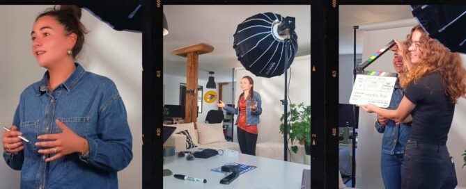 Three behind-the-scenes images of the filming sessions in Angers, with Louise Hinckel and Charlotte Demoor-Goldschmidt.