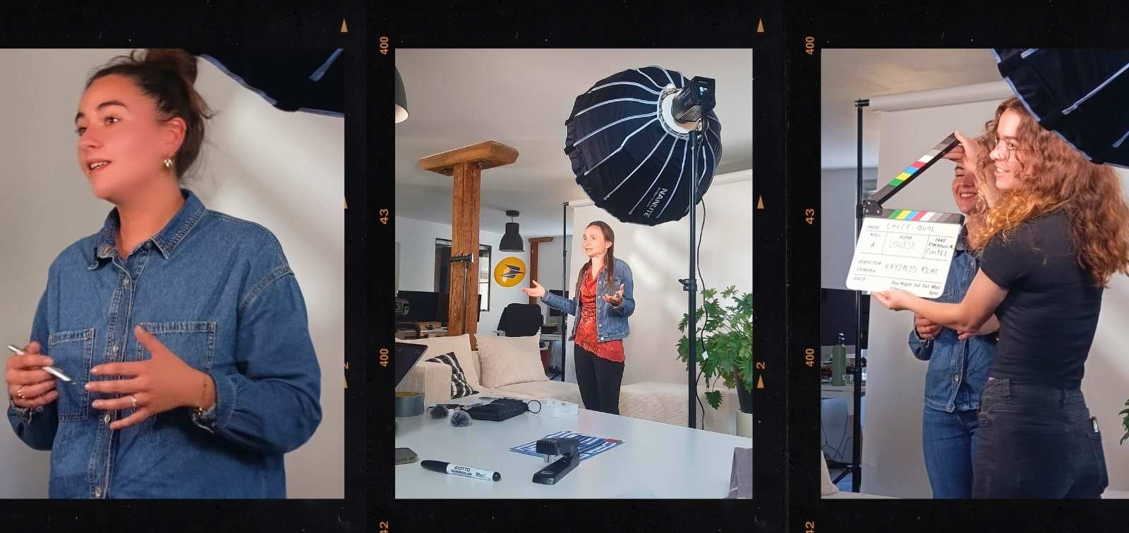 Three behind-the-scenes images of the filming sessions in Angers, with Louise Hinckel and Charlotte Demoor-Goldschmidt.