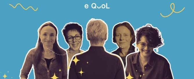eQuol project graphic on a blue background showing a person from behind in the center, flanked by portraits of Charlotte Demoor-Goldsmichdt, Cécile Favre, Sabine Heinrich and Laura Bathild. The image is decorated with yellow stars and abstract shapes