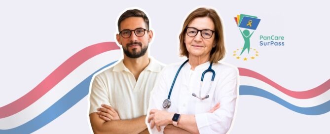 Dr. Jelena Roganović and Dr. Domagoj Buljan posed with the PanCare SurPass logo. Dr. Roganović wears a doctor’s white coat, and Dr. Buljan wears a light-colored shirt. They stand against a background with blue and red waves (the Croatian flag).