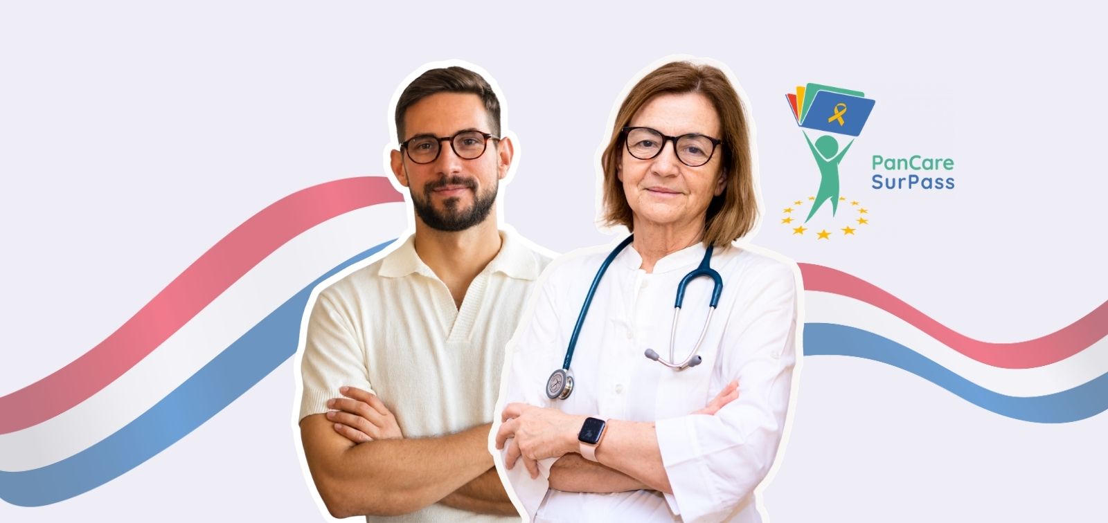 Dr. Jelena Roganović and Dr. Domagoj Buljan posed with the PanCare SurPass logo. Dr. Roganović wears a doctor’s white coat, and Dr. Buljan wears a light-colored shirt. They stand against a background with blue and red waves (the Croatian flag).