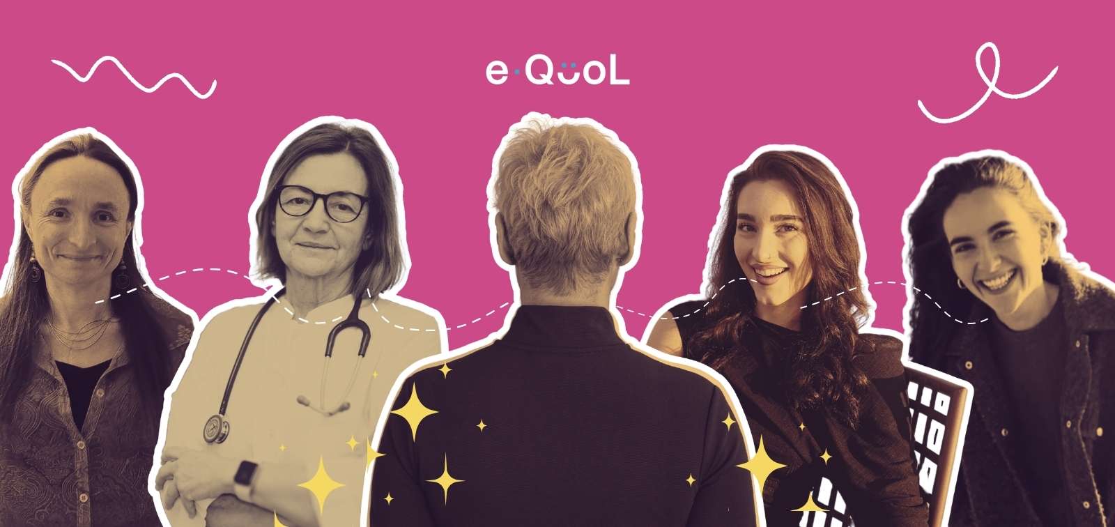 eQuol project graphic on a pink background showing a person from behind in the center, flanked by the portrait of Charlotte Demoor, Jelena Roganovic, Erin Rupčić and Louise Hinckel. The image is decorated with yellow stars and abstract shapes