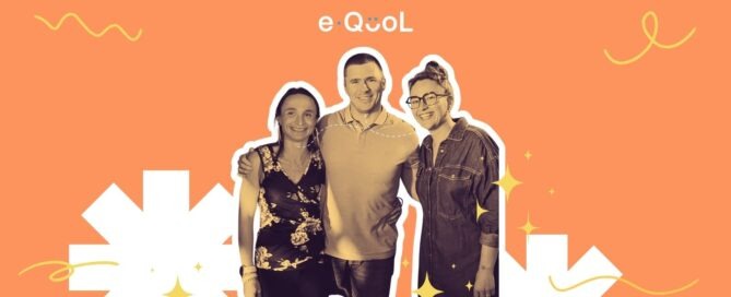 eQuol project graphic on an orange background showing Ludovic Lemoine in the center, flanked by Charlotte Demoor and Louise Hinckel. The image is decorated with yellow stars and abstract shapes