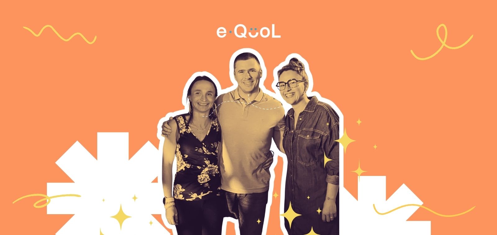 eQuol project graphic on an orange background showing Ludovic Lemoine in the center, flanked by Charlotte Demoor and Louise Hinckel. The image is decorated with yellow stars and abstract shapes