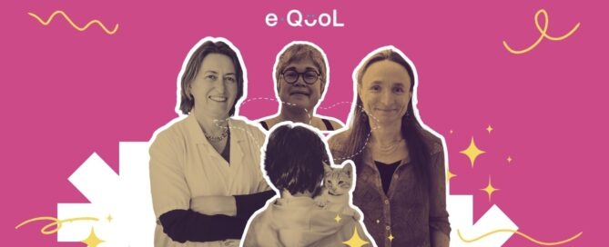 eQuol project graphic on a pink background showing a child from behind in the center, flanked by portraits of Charlotte Demoor-Goldsmichdt, Laura Mendelsohn and Sophie Laroche and Laure Mendelsohn. The image is decorated with yellow stars and abstract shapes