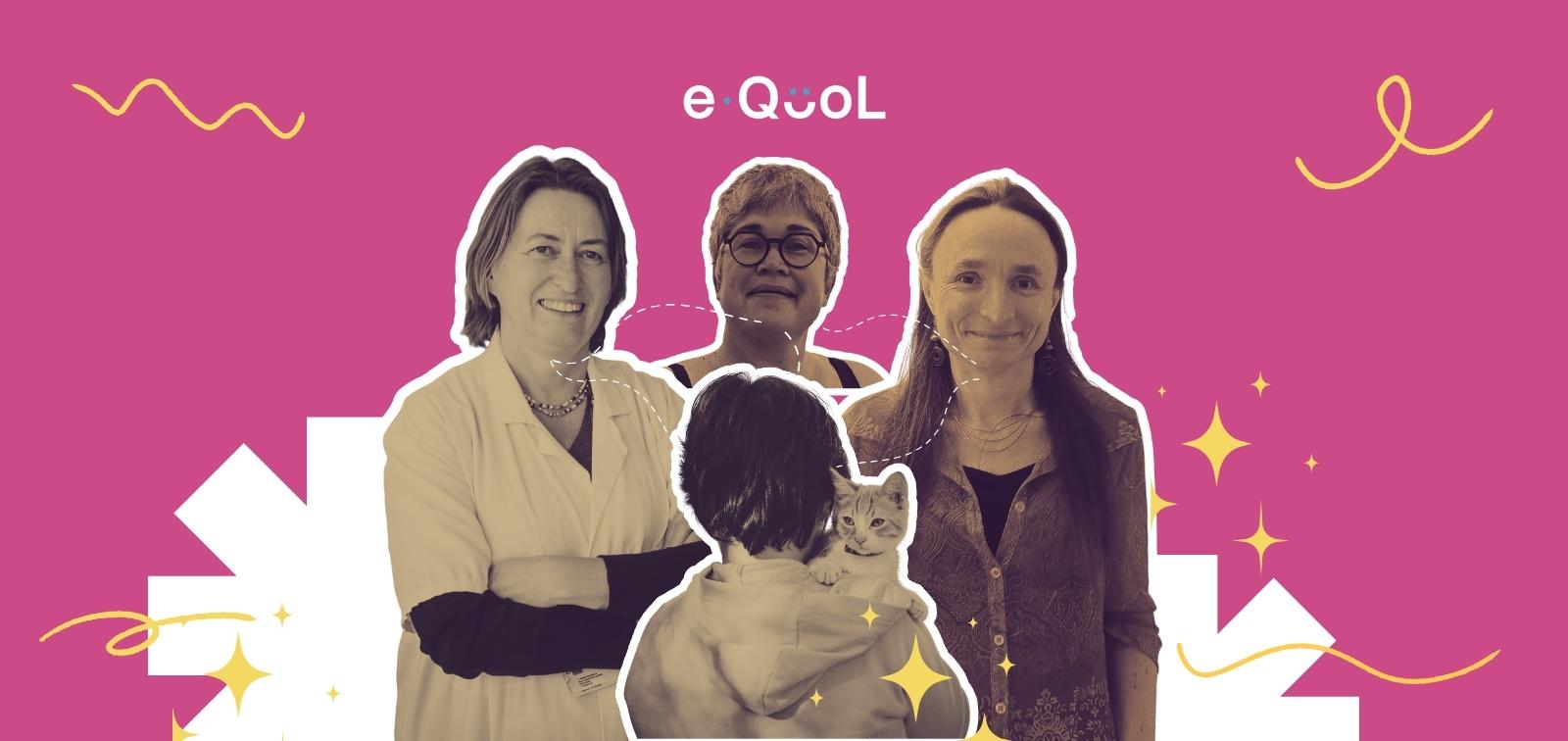 eQuol project graphic on a pink background showing a child from behind in the center, flanked by portraits of Charlotte Demoor-Goldsmichdt, Laura Mendelsohn and Sophie Laroche and Laure Mendelsohn. The image is decorated with yellow stars and abstract shapes
