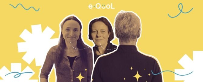 eQuol project graphic on a yellow background showing a person from behind in the center, flanked by portraits of Charlotte Demoor-Goldsmichdt and Sabine Heinrich. The image is decorated with yellow stars and abstract shapes