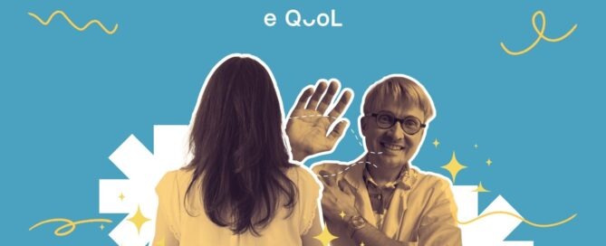 eQuol project graphic on a blue background showing a woman from behind in the center, flanked by the portrait of Dr Baptiste Sauterey. The image is decorated with yellow stars and abstract shapes
