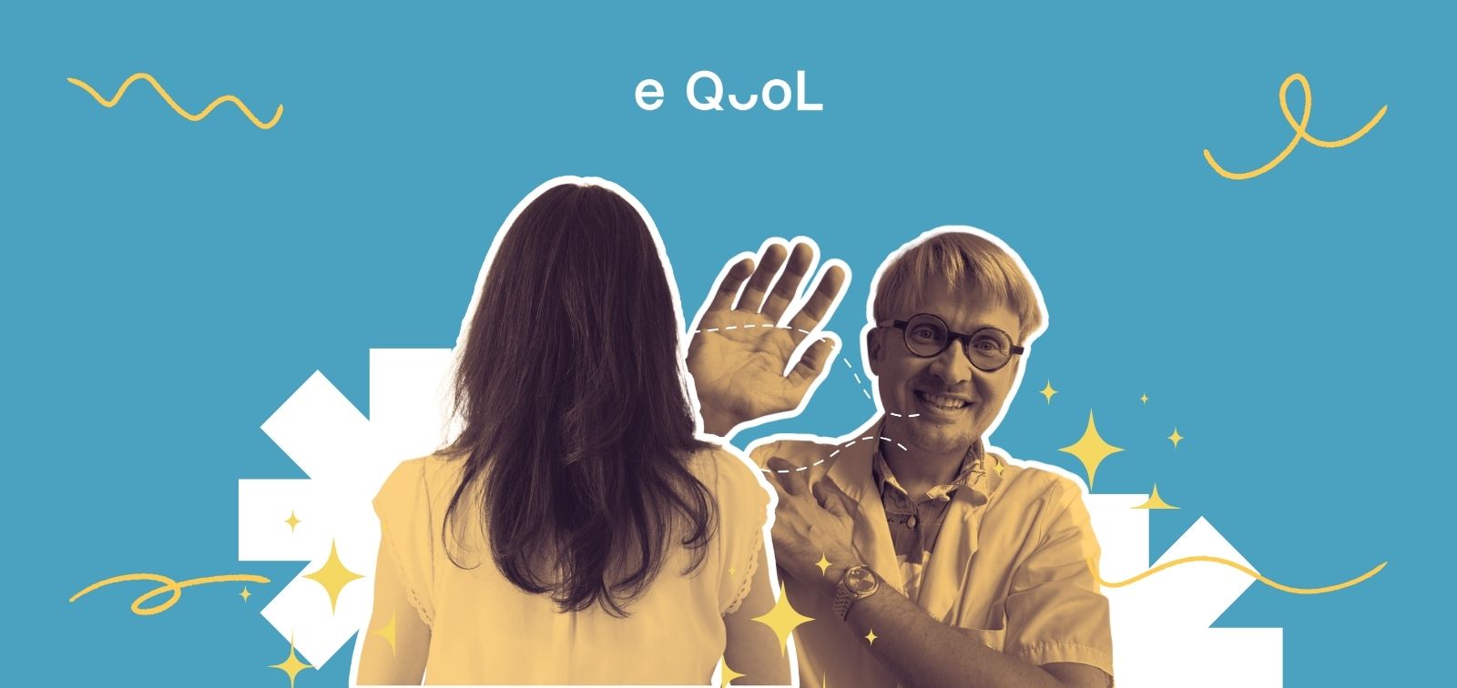 eQuol project graphic on a blue background showing a woman from behind in the center, flanked by the portrait of Dr Baptiste Sauterey. The image is decorated with yellow stars and abstract shapes