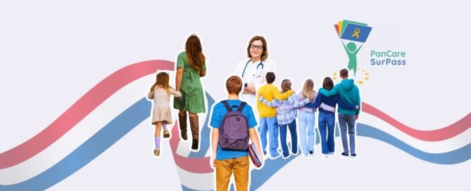 Promotional graphic showing a young student facing Dr. Jelena Roganovic, families, and young survivors, all on a light background with stylized red and blue ribbons (Croatian flag). Top right has the 'PanCare SurPass' logo.