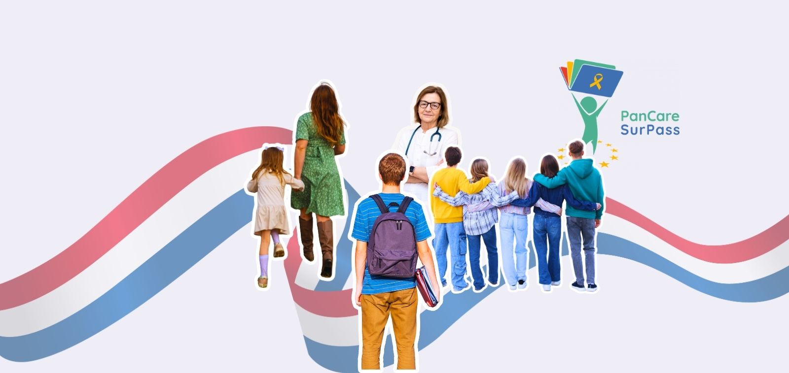 Promotional graphic showing a young student facing Dr. Jelena Roganovic, families, and young survivors, all on a light background with stylized red and blue ribbons (Croatian flag). Top right has the 'PanCare SurPass' logo.