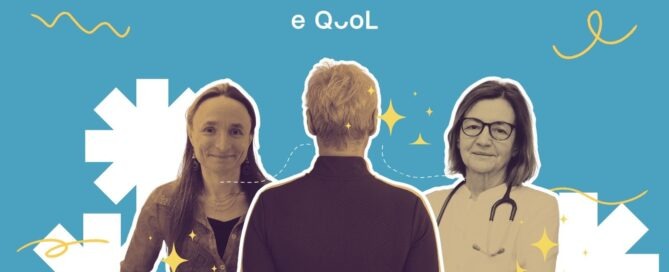 eQuol project graphic on a blue background showing a person from behind in the center, flanked by portraits of Charlotte Demoor-Goldsmichdt and Jelena Roganovic. The image is decorated with yellow stars and abstract shapes