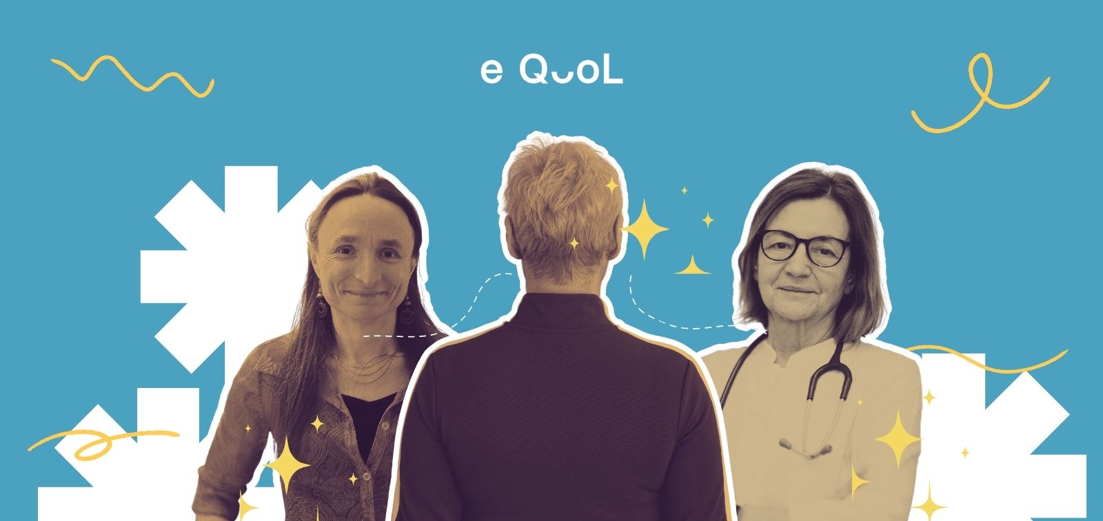 eQuol project graphic on a blue background showing a person from behind in the center, flanked by portraits of Charlotte Demoor-Goldsmichdt and Jelena Roganovic. The image is decorated with yellow stars and abstract shapes