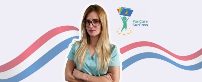 Dr. Nusa posing with the PanCare SurPass logo. She wears a doctor’s green coat and stands against a background with blue and red waves (the Croatian flag).