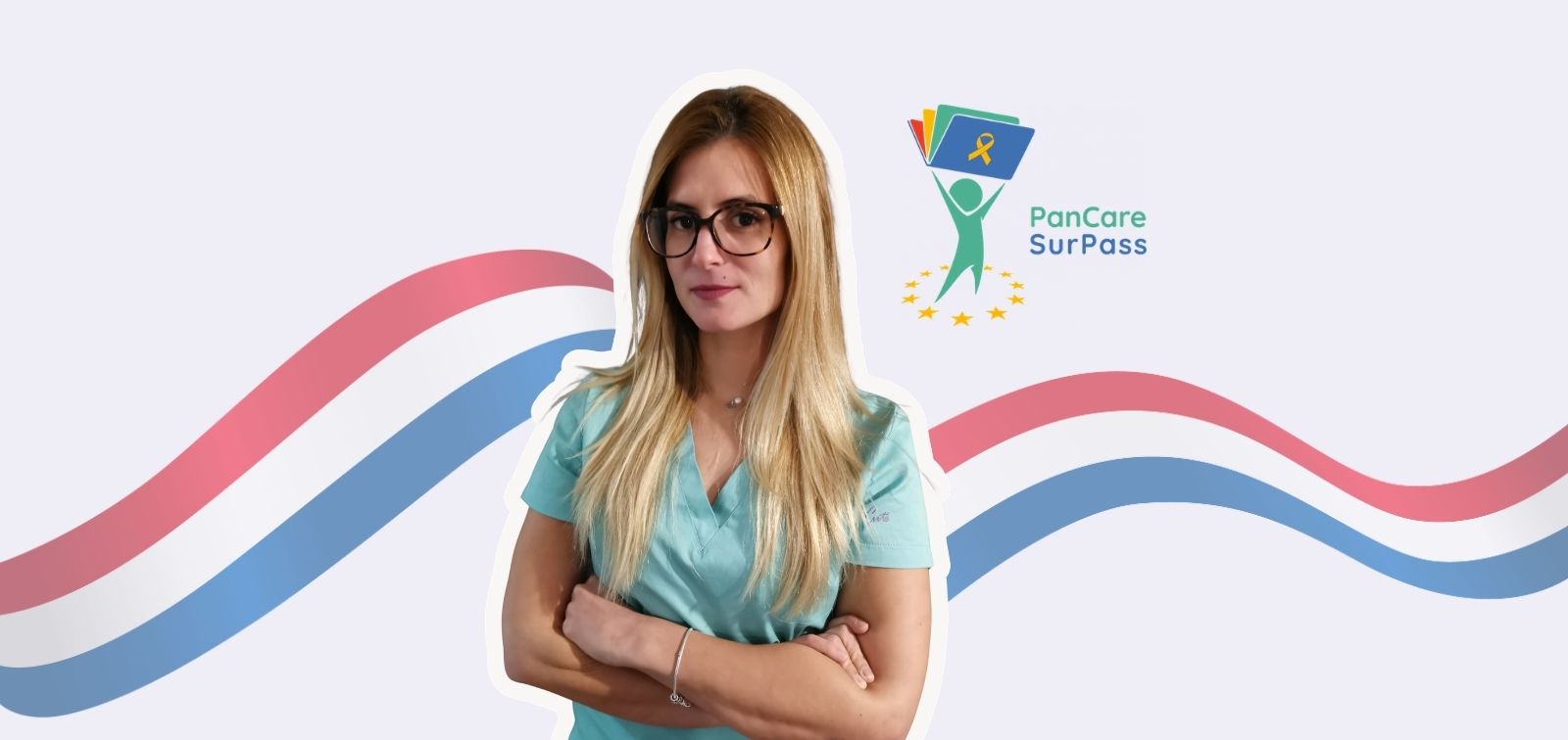 Dr. Nusa posing with the PanCare SurPass logo. She wears a doctor’s green coat and stands against a background with blue and red waves (the Croatian flag).