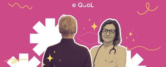 eQuol project graphic on a pink background showing a person from behind in the center, flanked by the portrait of Jelena Roganovic. The image is decorated with yellow stars and abstract shapes
