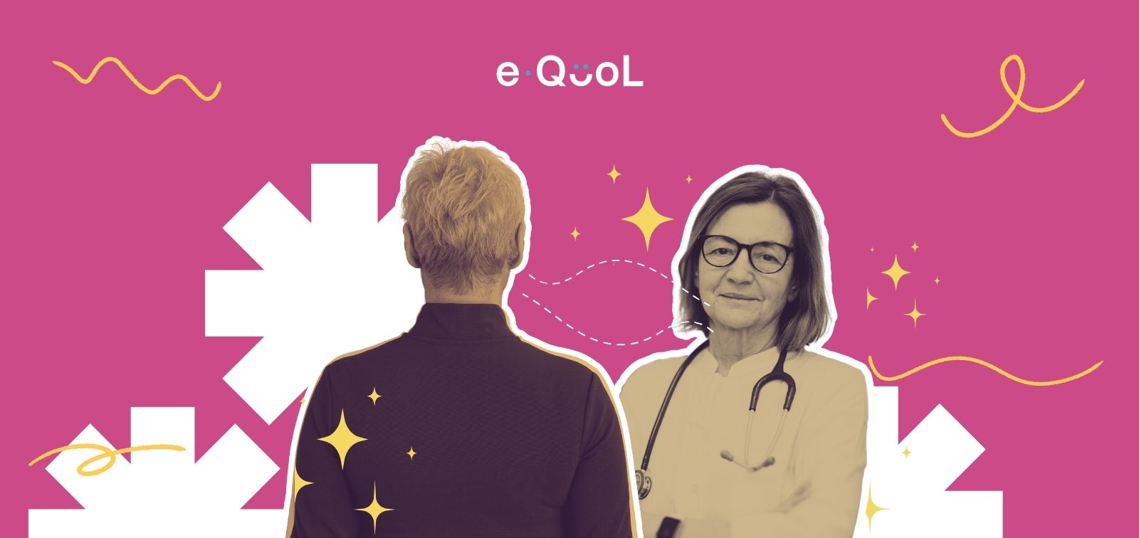 eQuol project graphic on a pink background showing a person from behind in the center, flanked by the portrait of Jelena Roganovic. The image is decorated with yellow stars and abstract shapes