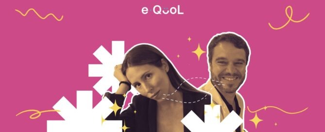 eQuol project graphic on a pink background showing Andrea Canisà in the center, flanked by the portrait of Bernat Carreras, clinical psychologist. The image is decorated with yellow stars and abstract shapes