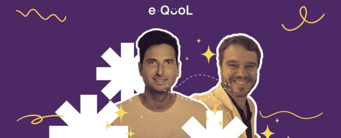 eQuol project graphic on a violet background showing Ramón in the center, flanked by the portrait of Bernat Carreras, clinical psychologist. The image is decorated with yellow stars and abstract shapes