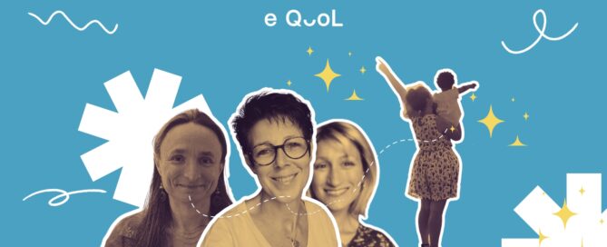 eQuol project graphic on a blue background showing Cécile, Natasha and doctor Charlotte Demoor-Goldschmidt, flanked by a woman holding a baby (from behind). The image is decorated with yellow stars and abstract shapes