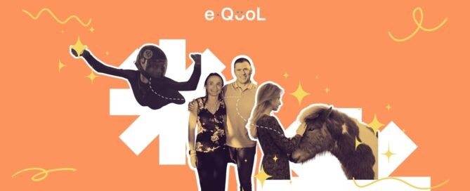 eQuol project graphic on an orange background showing Ludovic Lemoine in the center, flanked by Charlotte Demoor, Paul -Loup doing skydiving and a woman with a horse. The image is decorated with yellow stars and abstract shapes