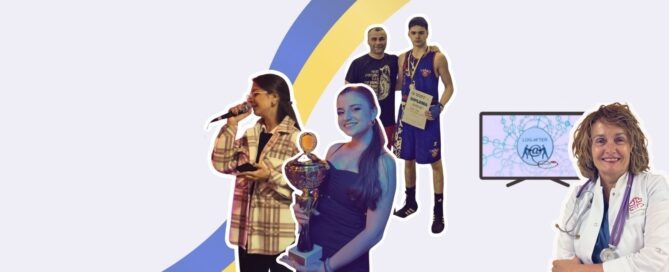 Composite graphic for the e-QuoL project in Bosnia and Herzegovina, featuring three young cancer survivors showcasing singing, dance, and boxing achievements alongside Dr. Jelica Predojević and the LOG-After logo
