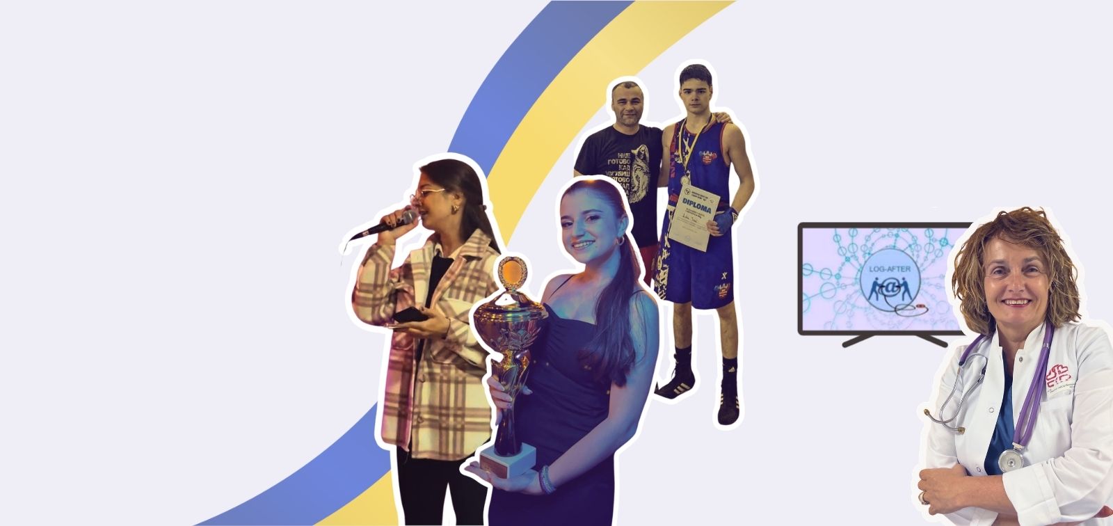 Composite graphic for the e-QuoL project in Bosnia and Herzegovina, featuring three young cancer survivors showcasing singing, dance, and boxing achievements alongside Dr. Jelica Predojević and the LOG-After logo